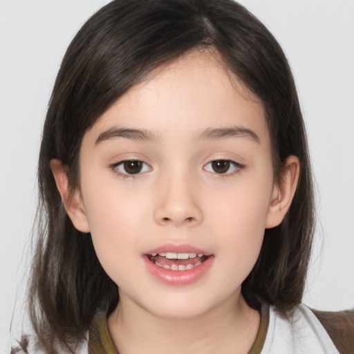 Joyful white child female with medium  brown hair and brown eyes