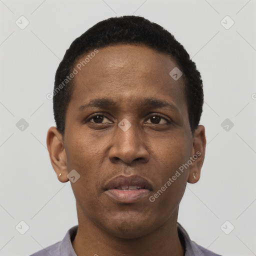Neutral black young-adult male with short  black hair and brown eyes