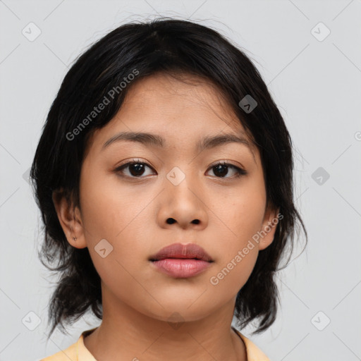 Neutral asian young-adult female with medium  black hair and brown eyes