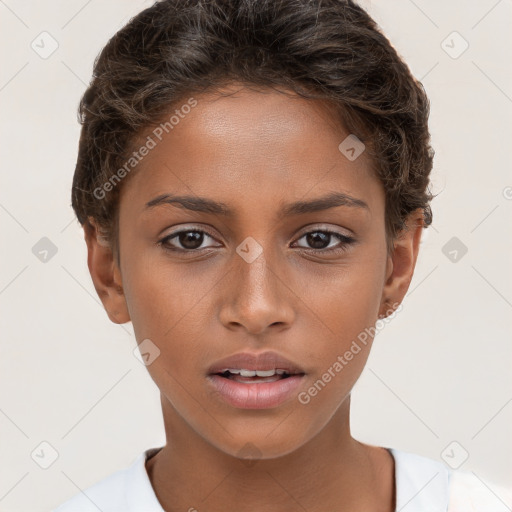 Neutral white young-adult female with short  brown hair and brown eyes