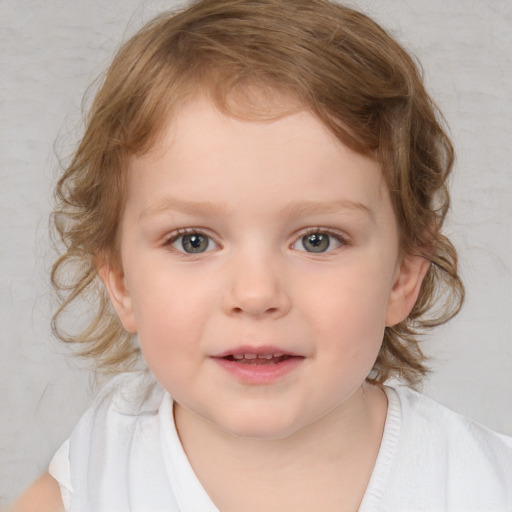 Joyful white child female with medium  brown hair and blue eyes