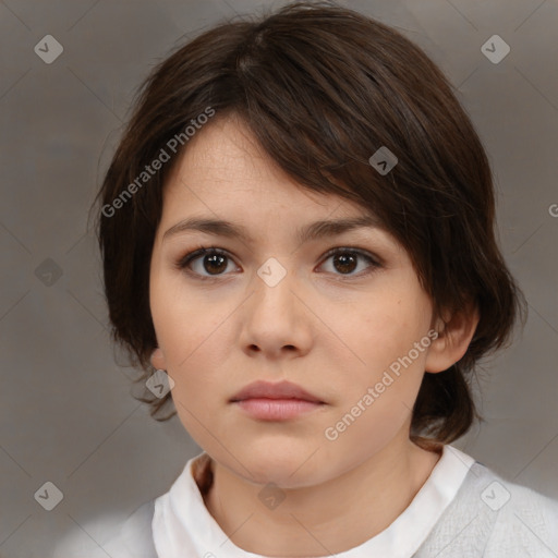 Neutral white young-adult female with medium  brown hair and brown eyes