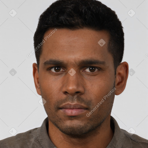 Neutral latino young-adult male with short  black hair and brown eyes