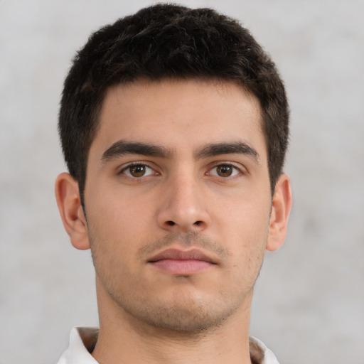 Neutral asian young-adult male with short  brown hair and brown eyes