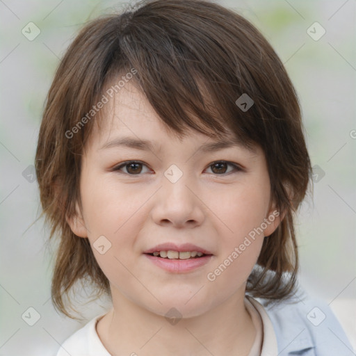 Joyful white child female with medium  brown hair and brown eyes