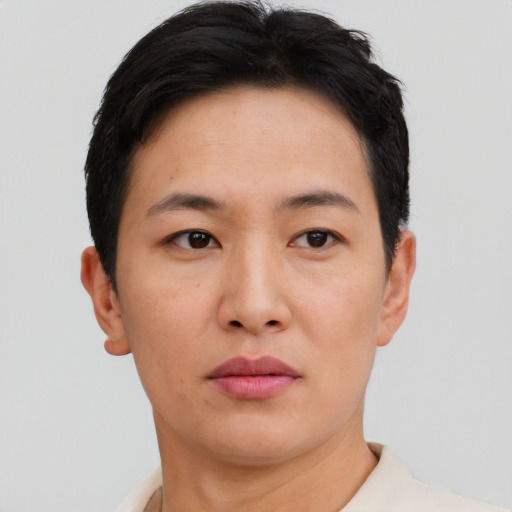 Neutral asian young-adult female with short  brown hair and brown eyes