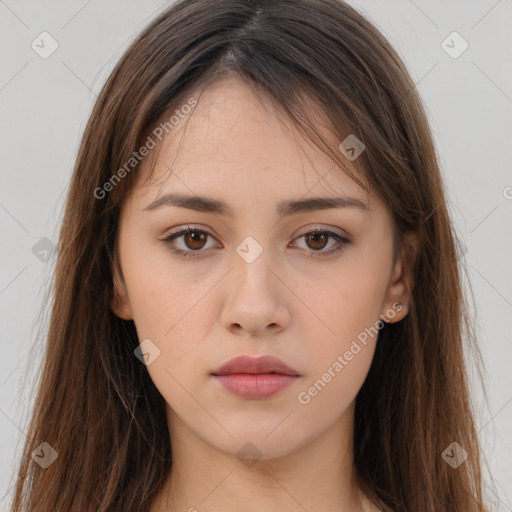 Neutral white young-adult female with long  brown hair and brown eyes