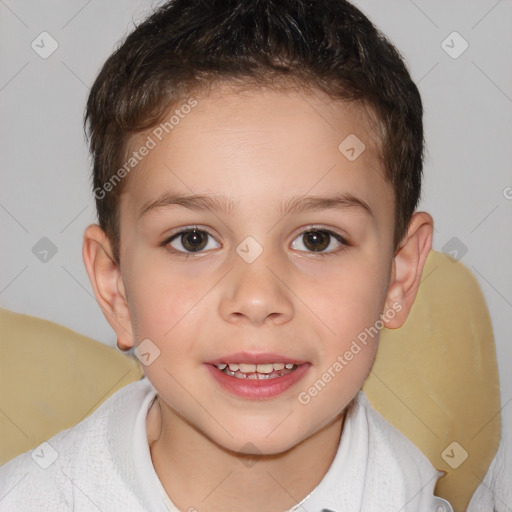 Joyful white child female with short  brown hair and brown eyes