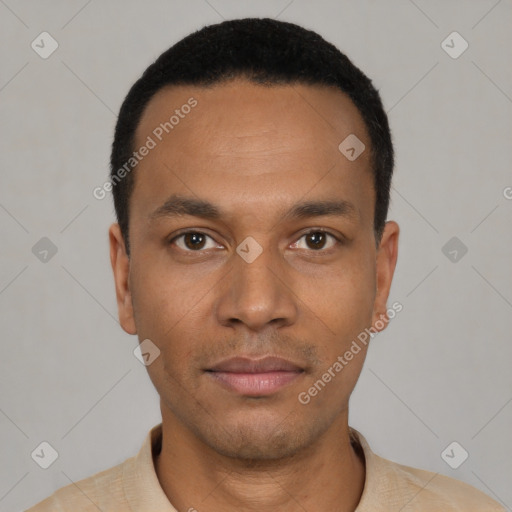 Neutral latino young-adult male with short  black hair and brown eyes