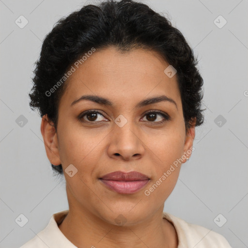 Joyful latino young-adult female with short  brown hair and brown eyes