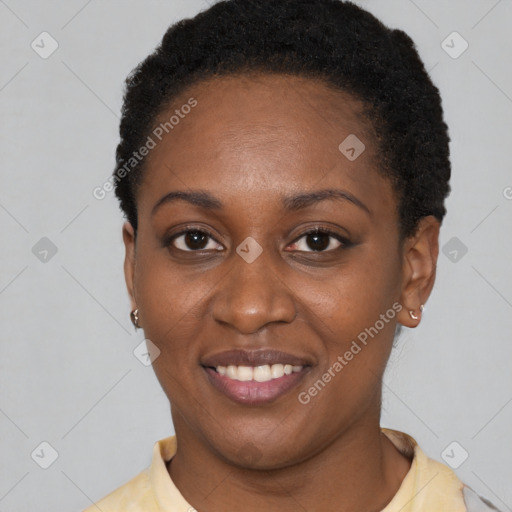 Joyful latino young-adult female with short  brown hair and brown eyes