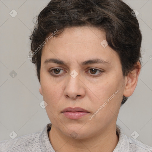 Neutral white young-adult female with short  brown hair and brown eyes