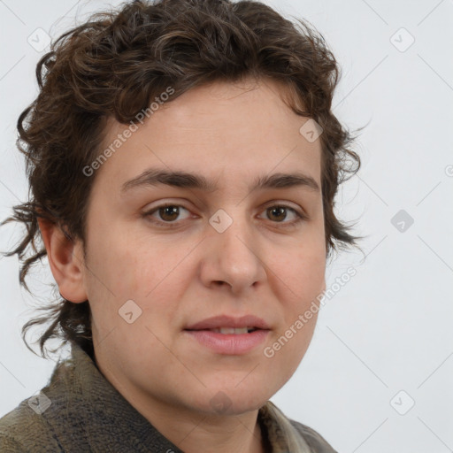 Joyful white young-adult male with medium  brown hair and brown eyes