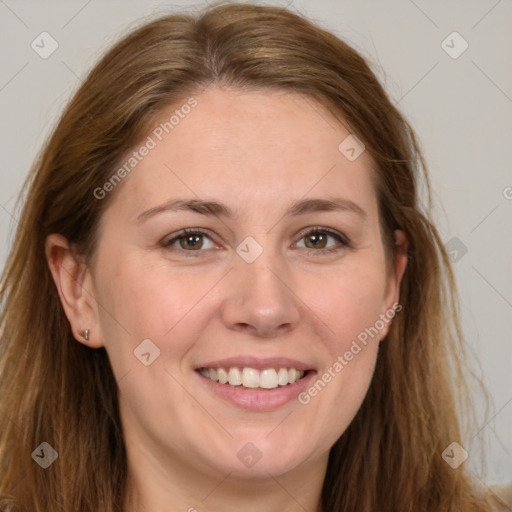 Joyful white young-adult female with long  brown hair and grey eyes