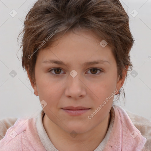 Joyful white child female with medium  brown hair and brown eyes