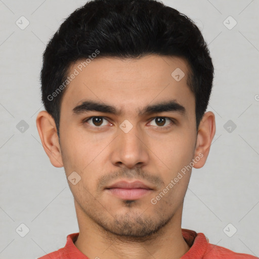 Neutral asian young-adult male with short  black hair and brown eyes