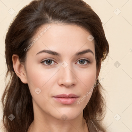 Neutral white young-adult female with medium  brown hair and brown eyes