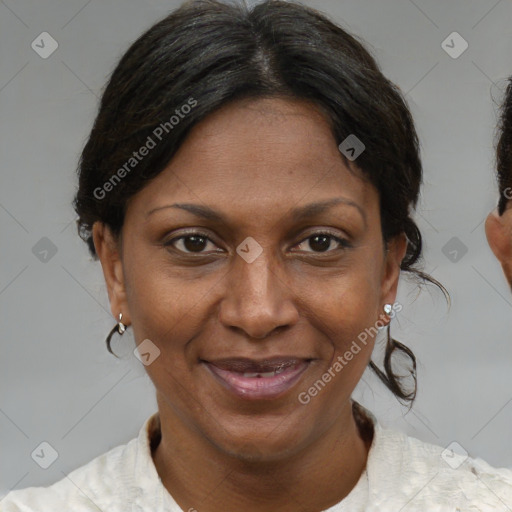 Joyful black adult female with short  brown hair and brown eyes