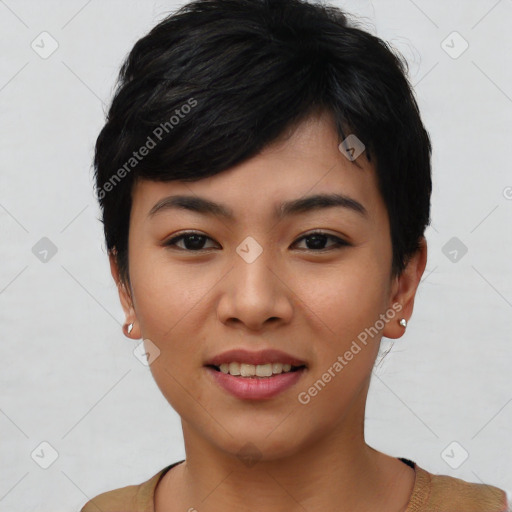 Joyful asian young-adult female with short  black hair and brown eyes