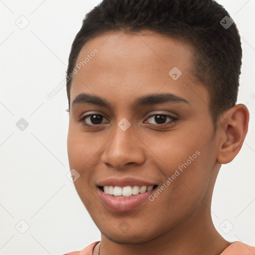 Joyful white young-adult female with short  brown hair and brown eyes