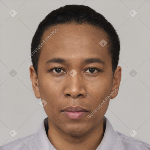 Neutral black young-adult male with short  black hair and brown eyes