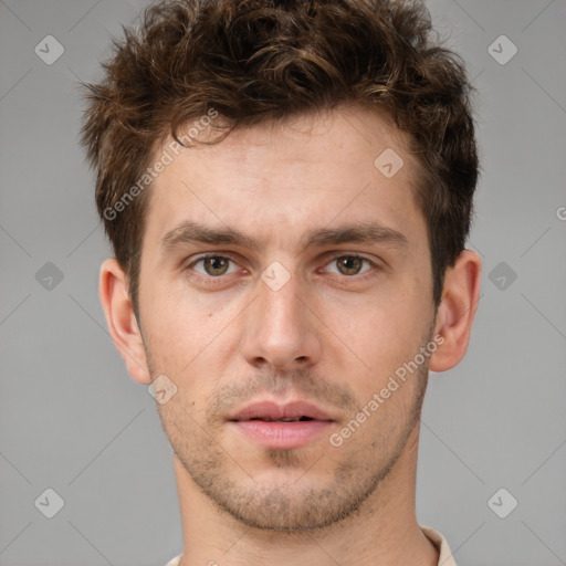 Neutral white young-adult male with short  brown hair and brown eyes