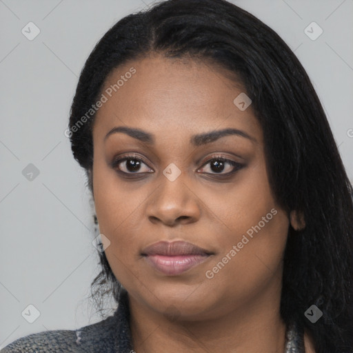 Joyful black young-adult female with medium  black hair and brown eyes