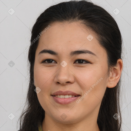 Joyful asian young-adult female with long  brown hair and brown eyes