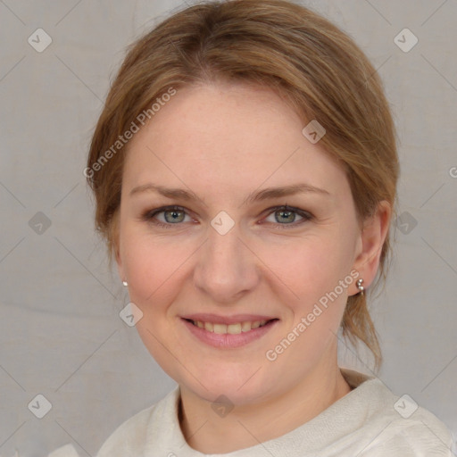 Joyful white young-adult female with medium  brown hair and blue eyes