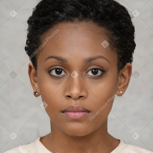 Neutral black young-adult female with short  brown hair and brown eyes