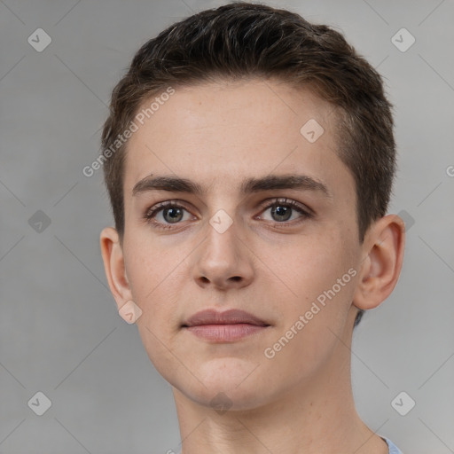 Neutral white young-adult male with short  brown hair and brown eyes