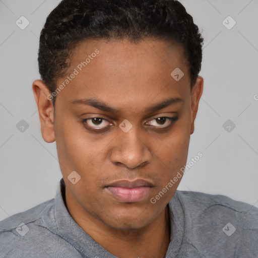 Joyful black young-adult male with short  brown hair and brown eyes