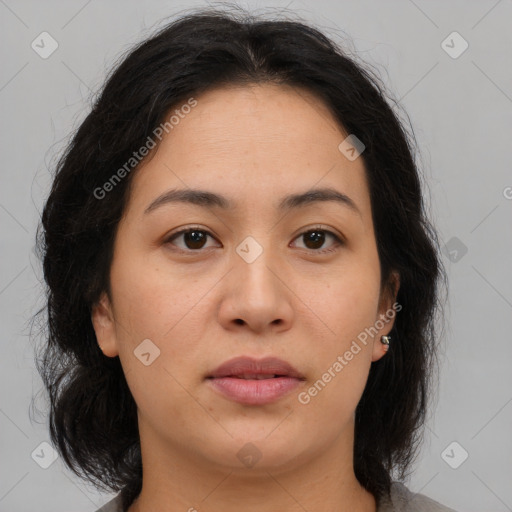 Neutral asian young-adult female with medium  brown hair and brown eyes