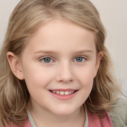 Joyful white child female with long  brown hair and grey eyes