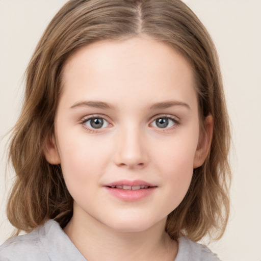 Joyful white child female with medium  brown hair and grey eyes