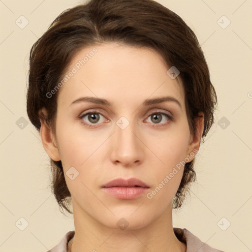 Neutral white young-adult female with short  brown hair and brown eyes