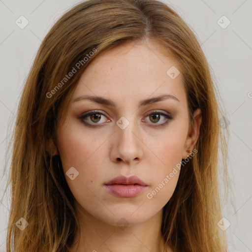 Neutral white young-adult female with long  brown hair and brown eyes