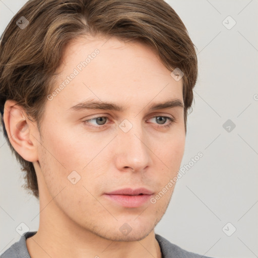 Neutral white young-adult male with short  brown hair and grey eyes