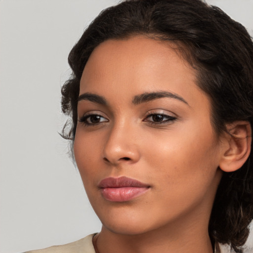 Neutral white young-adult female with medium  brown hair and brown eyes