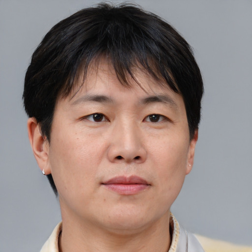 Neutral asian adult male with short  brown hair and brown eyes