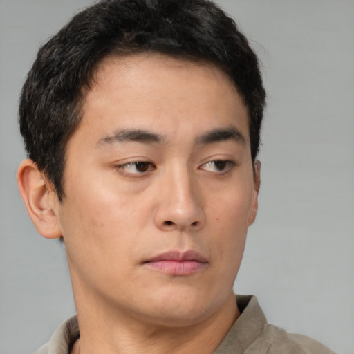Neutral asian young-adult male with short  brown hair and brown eyes