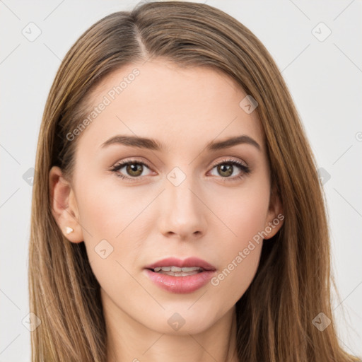 Neutral white young-adult female with long  brown hair and brown eyes