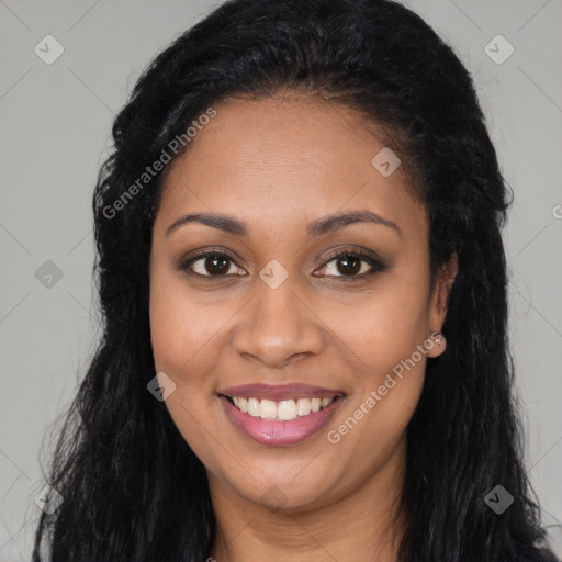 Joyful latino young-adult female with long  brown hair and brown eyes