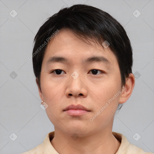 Neutral asian young-adult male with short  brown hair and brown eyes