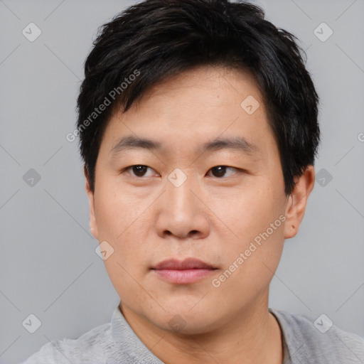 Neutral asian young-adult male with short  black hair and brown eyes