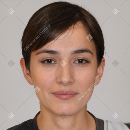 Neutral white young-adult female with short  brown hair and brown eyes