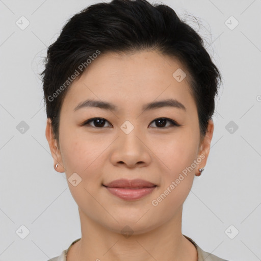 Joyful asian young-adult female with short  brown hair and brown eyes