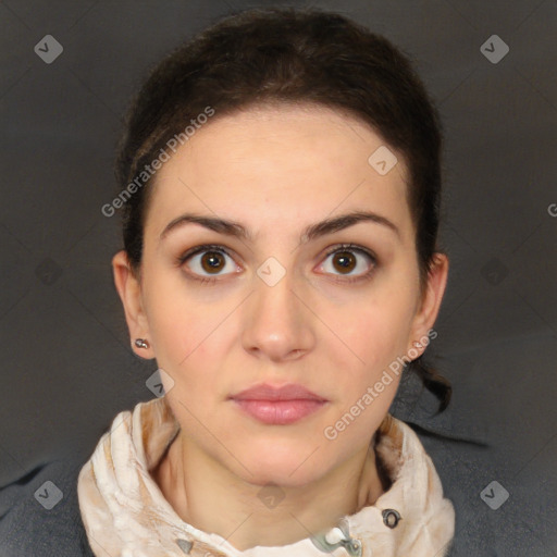 Neutral white young-adult female with short  brown hair and brown eyes