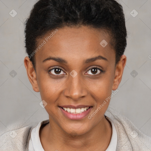 Joyful black young-adult female with short  brown hair and brown eyes