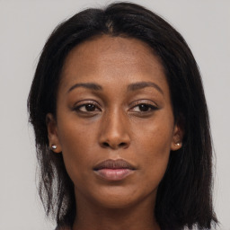 Neutral asian young-adult female with long  brown hair and brown eyes
